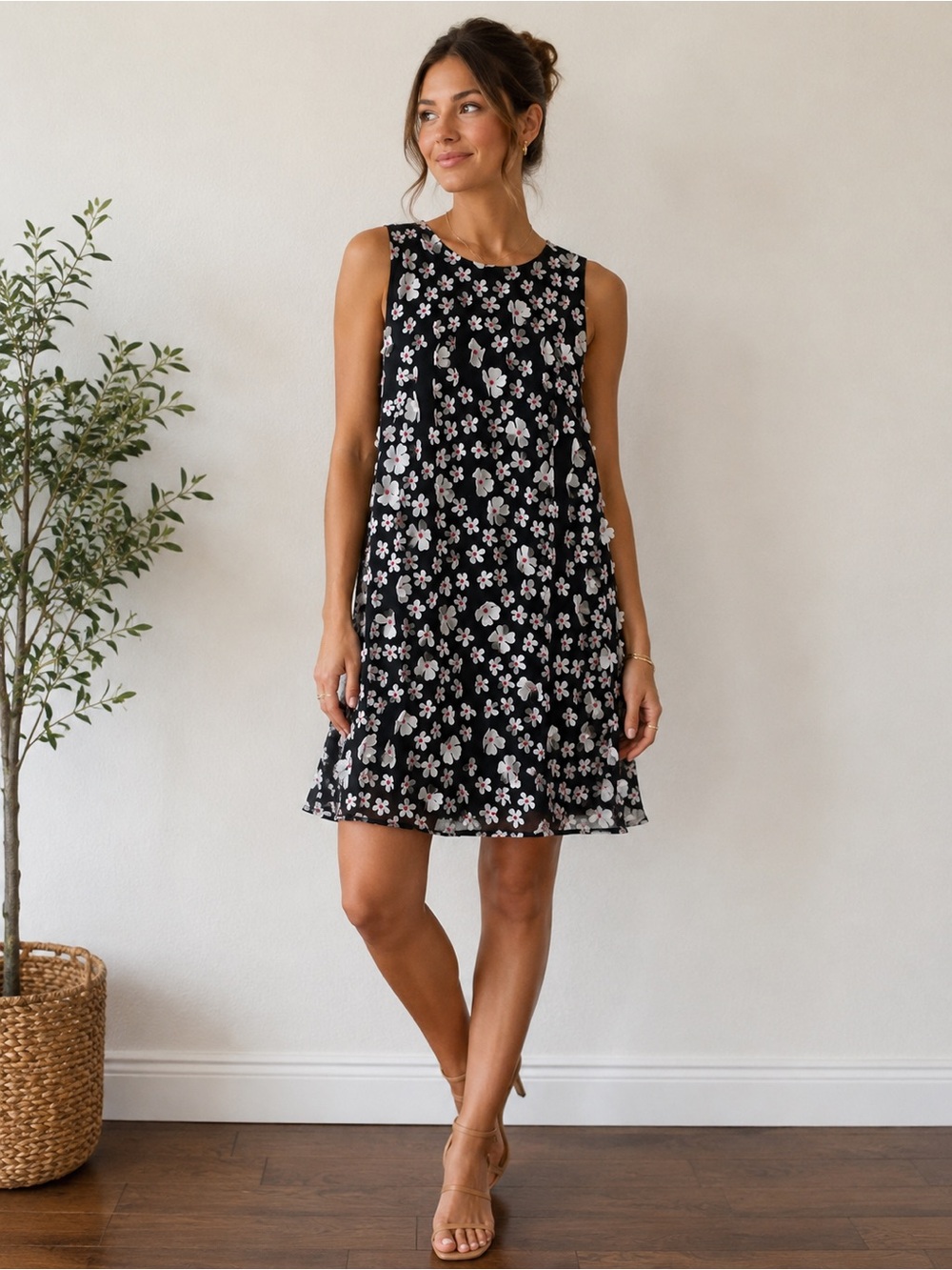 Karl Lagerfeld Black Floral Midi Dress with White and Pink Blossoms
